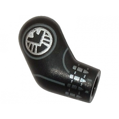 black arm right with silver shield logo cuff and dark bluish gray circle pattern