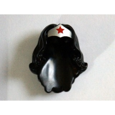 black minifigure hair female long wavy with silver tiara and red star pattern wonder woman