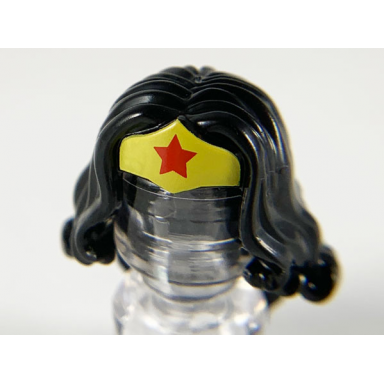 black minifigure hair female long wavy with yellow tiara and red star pattern wonder woman