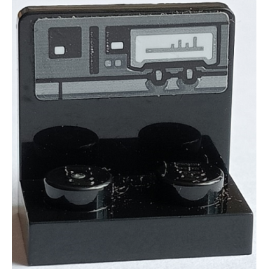 black bracket 1 x 2 - 2 x 2 inverted with dark bluish gray and black control panel with 2 knobs and large white screen pattern sticker - set 75178