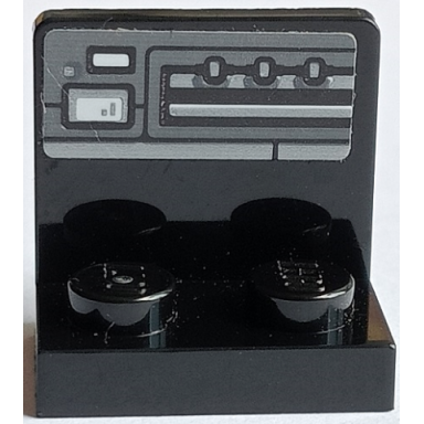 black bracket 1 x 2 - 2 x 2 inverted with dark bluish gray and black control panel with small white screen and 3 knobs pattern sticker - set 75178