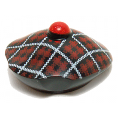 black minifigure headgear hat scottish tam oshanter with red and white tartan pattern