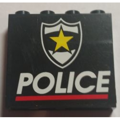 black stickered assembly 4 x 1 x 3 with police red line and yellow star badge pattern sticker - set 1786 - 3 brick 1 x 4