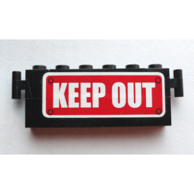 black stickered assembly 6 x 1 x 2 with white keep out on red sign pattern sticker - set 4850 - 1 brick 1 x 6 1 brick 1 x 4 2 brick modified 1 x 1 with handle