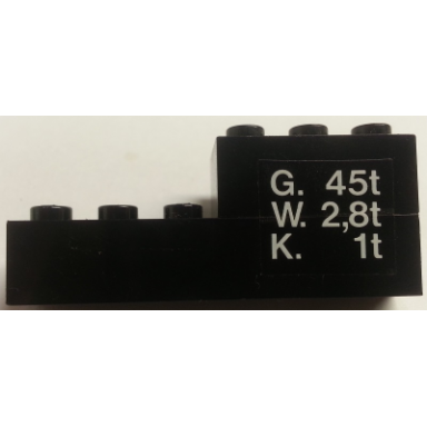 black stickered assembly 6 x 2 x 2 with g 45t w 28t k 1t on transparent background pattern right sticker - set 7715 - 1 brick 2 x 3 1 brick 1 x 6