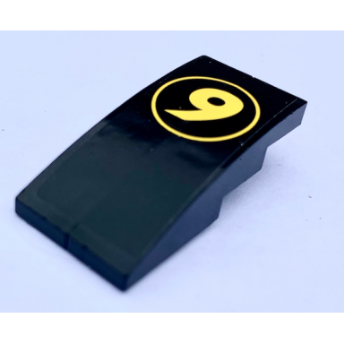 black stickered assembly 4 x 2 x 1 with yellow number 9 in circle pattern sticker - sets 8159 8160 - 2 slope curved 4 x 1