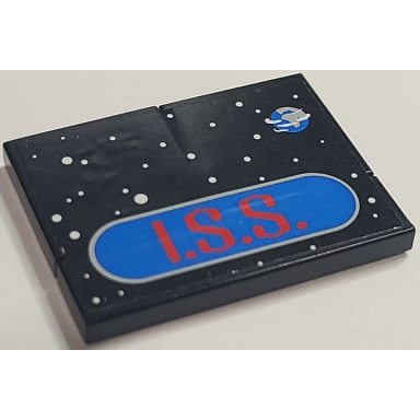 black stickered assembly 4 x 3 with i.s.s logo on space and earth background pattern sticker - set 7467 - 2 tile 2 x 2 1 tile 1 x 4