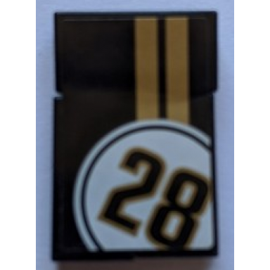 black stickered assembly 3 x 2 with number 28 in white circle with gold stripes on black background pattern sticker - set 8147 - 3 tile 1 x 2