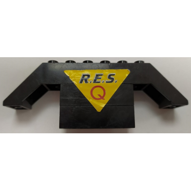 black stickered assembly 10 x 2 x 3 with black r.e.s and red q on yellow triangle pattern sticker - set 6479 - 1 slope 45 10 x 2 x 2 double 2 brick 1 x 4