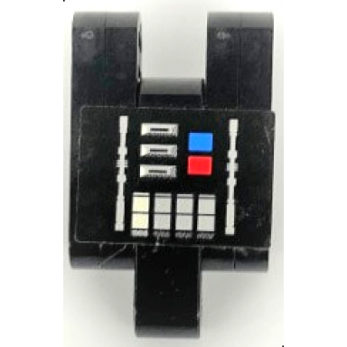 black stickered assembly 5 x 3 x 2 with silver red and blue buttons pattern sticker - set 8010 - 4 technic liftarm thin 1 x 4 - axle holes 1 technic liftarm modified bent thick l-shape 2 x 4 1 technic pin 3l with friction ridges