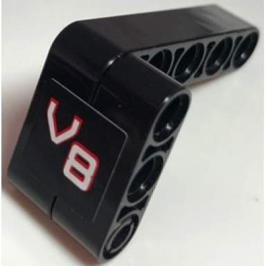 black stickered assembly 5 x 2 x 3 with red and white v8 pattern model right side sticker - set 8682 - 1 technic liftarm thick 1 x 3 1 technic liftarm modified bent thick l-shape 3 x 5 1 technic pin with short friction ridges