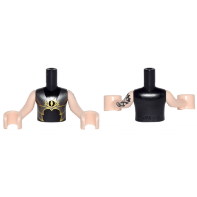 black torso mini doll boy silver and gold armor with goblin eye pattern light nougat arms with hands with black elves tattoo