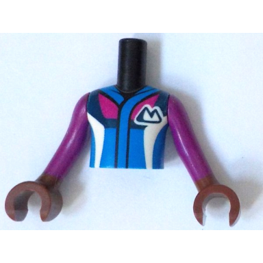 black torso mini doll boy blue jacket with magenta dark blue and white panels and mountains pattern reddish brown arms with hands with magenta long sleeves