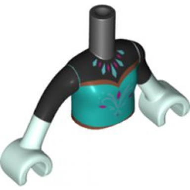 black torso mini doll girl black top necklace dark turquoise dress with magenta diamonds and silver filigree pattern light aqua arms with hands with black sleeves