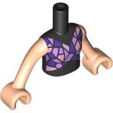 black torso mini doll girl top with gold dark purple and medium lavender geometric shapes mosaic pattern light nougat arms with hands