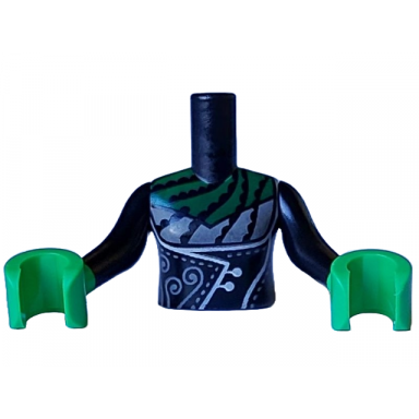 black torso mini doll girl dress top with light bluish gray breast inset and filigree and dark green collar pattern bright green arms with hands with black long sleeves