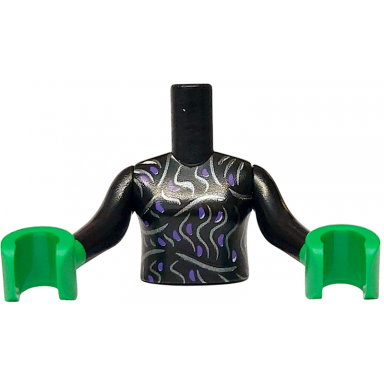 black torso mini doll girl dress top with dark purple spots and silver wavy lines pattern bright green arms with hands with black long sleeves