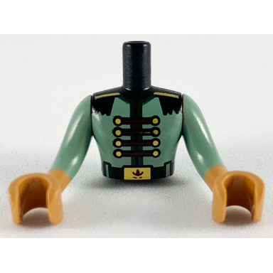 black torso mini doll man sand green uniform with gold buttons and buckle pattern medium nougat arms with hands with sand green sleeves