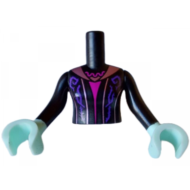 black torso mini doll woman dress with dark purple vines and metallic pink stripes and collar over magenta top pattern light aqua arms with hands with black long sleeves
