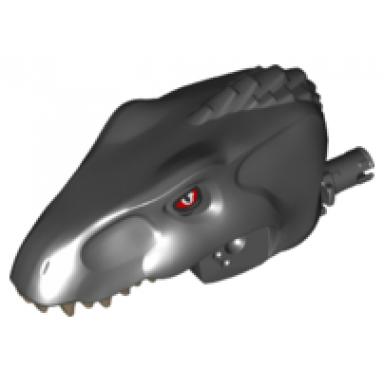 black dinosaur head indoraptor with pin dark tan teeth red eyes pattern