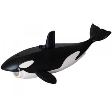 black whale orca body with molded white spots and upper jaw and printed eyes pattern