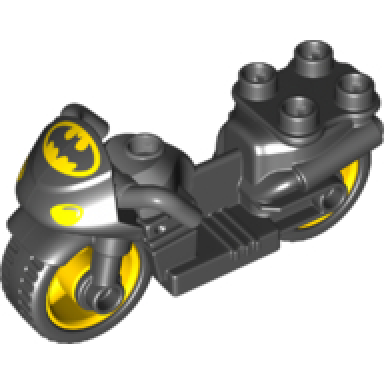 black duplo motorcycle with rubber wheels dark bluish gray handlebars headlights and batman logo pattern