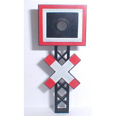 black train level crossing sign with crossed bars and panel with hole for light