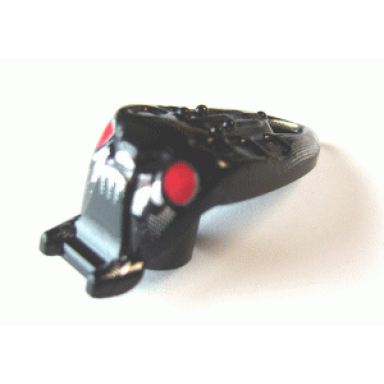 black minifigure head modified bionicle barraki mantax with red eyes and silver pattern