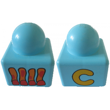 sky blue primo brick 1 x 1 with capital letter c and horse legs pattern on opposite sides