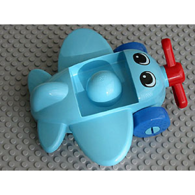 sky blue primo vehicle airplane with red propeller and blue wheels with eyes pattern