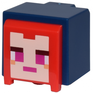minifigure head modified cube hood with molded red hair and printed pixelated light nougat face and magenta eyes and mouth pattern minecraft ranger hero