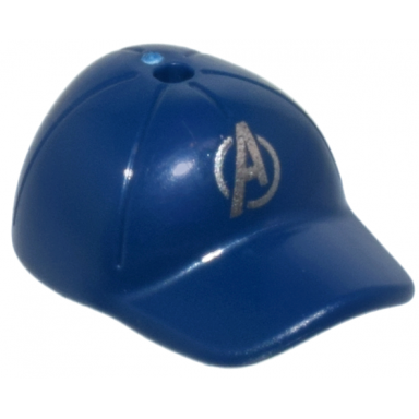 dark blue minifigure headgear cap - short curved bill with seams and hole on top with silver avengers logo pattern