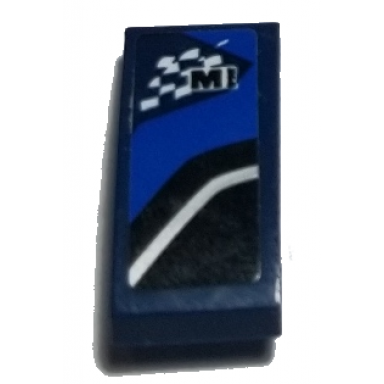 dark blue slope curved 2 x 1 x 2 3 with letter m on checkered flag and black blue and white stripes pattern model left side sticker - set 75885