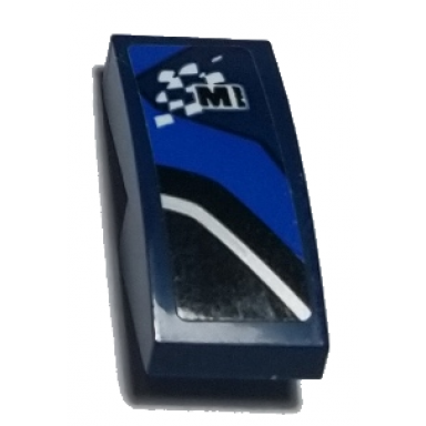 dark blue slope curved 2 x 1 x 2 3 with letter m on checkered flag and black blue and white stripes pattern model right side sticker - set 75885