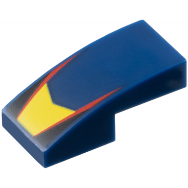 dark blue slope curved 2 x 1 x 2 3 with yellow v-shaped center panel red stripes black triangles pattern