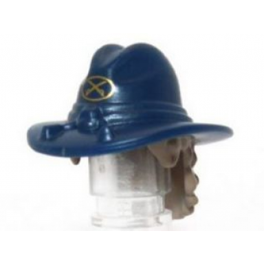 dark blue minifigure hair combo hat with hair cavalry with gold crossed cutlasses and dark tan long curly hair pattern