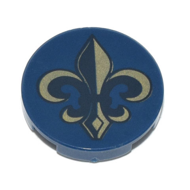 dark blue tile round 2 x 2 with bottom stud holder with gold and black fleur-de-lis pattern