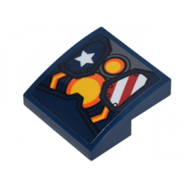 dark blue slope curved 2 x 2 x 2 3 with stars and stripes armor plates and yellow circle arc reactor pattern sticker - set 76077