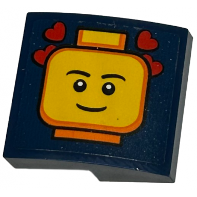 dark blue slope curved 2 x 2 x 2 3 with orange and yellow smiling minifigure head and red hearts pattern sticker - set 40569