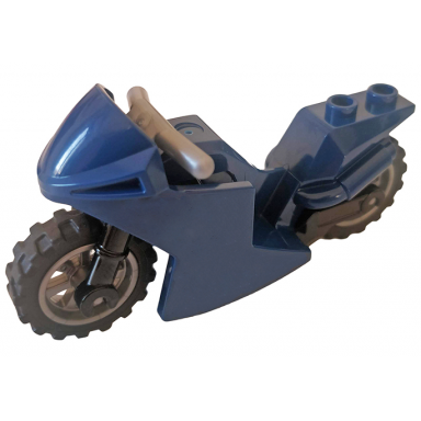 dark blue motorcycle sport bike with black frame flat silver wheels and handlebars