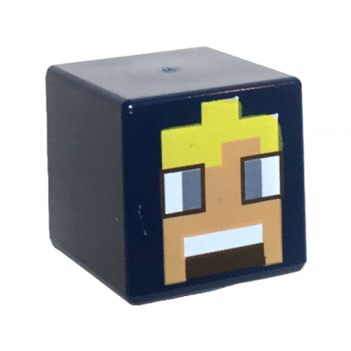 dark blue minifigure head modified cube with pixelated nougat face sand blue eyes yellow hair dark brown mouth with white teeth pattern minecraft miller