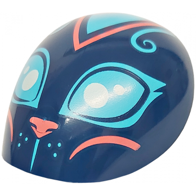 dark blue large figure armor round smooth with medium azure eyes curls whisker dots and forehead triangle coral nose and cheek lines pattern cat head