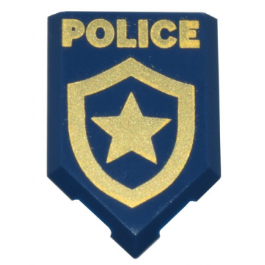 dark blue tile modified 2 x 3 pentagonal with gold police and star badge logo pattern