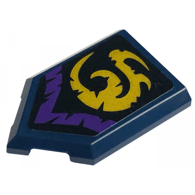 dark blue tile modified 2 x 3 pentagonal with gold and dark purple curly symbols on black background pattern sticker - set 71771
