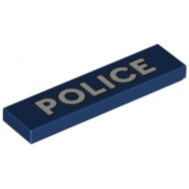 dark blue tile 1 x 4 with white police with black outline pattern