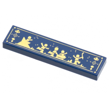 dark blue tile 1 x 4 with gold people playing on ice sliding sledding hockey pattern