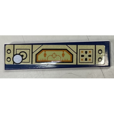 dark blue tile 1 x 4 with control panel with screen joystick and buttons on gold background pattern sticker - set 72001