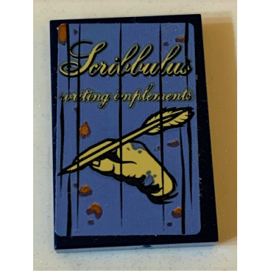dark blue tile 2 x 3 with script scribbulus writing implements and hand with quill on sand blue background pattern sticker - set 75978