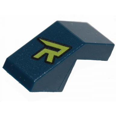 dark blue slope 45 2 x 1 with cutout without stud with stylized lime capital letter r pattern
