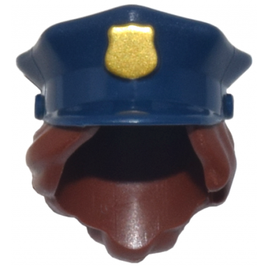dark blue minifigure hair combo hat with hair police with dark blue top with gold badge and reddish brown hair pulled into bun pattern